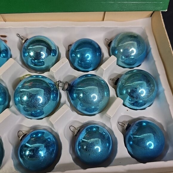 Vintage Glass Christmas Balls Ornaments Baubles BLUE Round Japan Caps Set Of 12 - Picture 3 of 14